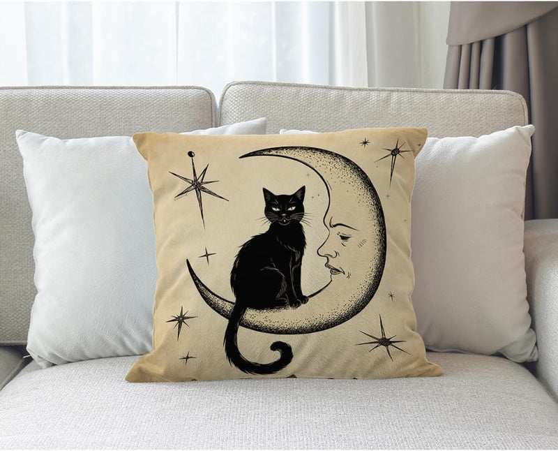 Moslion Cats Moon Throw Pillow Cover Pillow Case Black Cat Sits on The Moon Face Star Cotton Linen Pillow Case 18 x 18 Inch Cushion Cover for Sofa Living Room Light Brown - Image 3